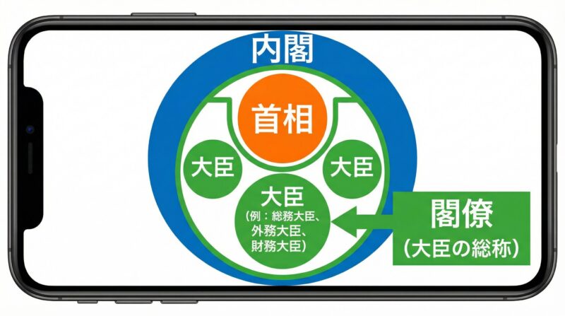 内閣の中に首相と複数の大臣がいて、大臣たちをまとめて「閣僚」と呼ぶことを示す図解。首相は「閣僚」には含まれないことを明示。
