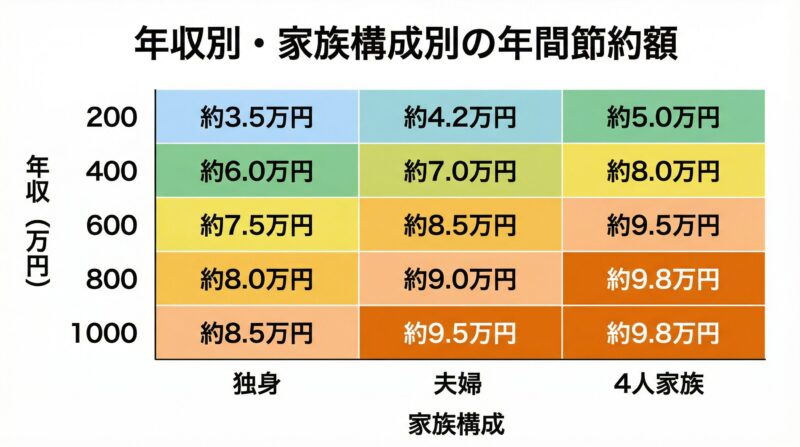 消費税ゼロによる年収別・家族構成別の年間節約額をヒートマップで表示