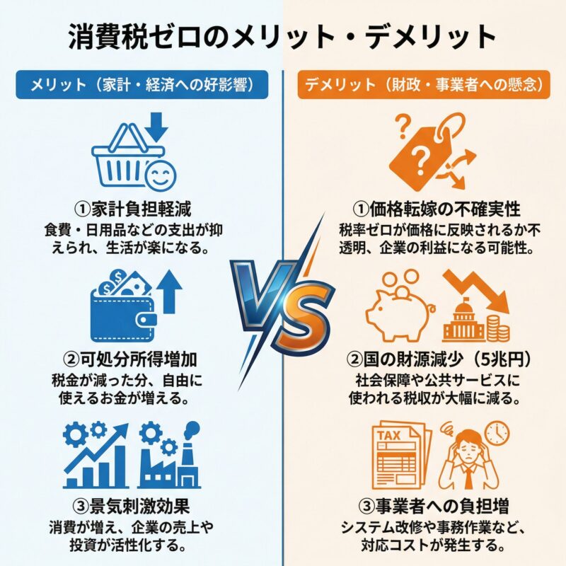 消費税ゼロのメリット(家計負担軽減、可処分所得増加、景気刺激効果)とデメリット(価格転嫁の不確実性、国の財源減少、事業者への負担増)を左右分割で比較
