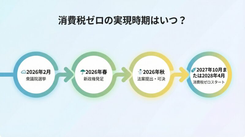 消費税ゼロの実現時期を2026年2月の衆議院選挙から2027年10月または2028年4月のスタートまでタイムラインで表示