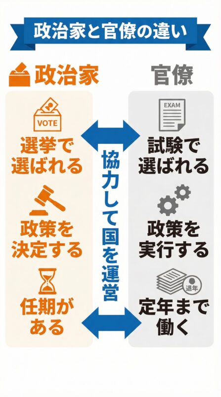 政治家と官僚の違いを比較した図解。政治家は選挙で選ばれ政策を決定し任期があるのに対し、官僚は試験で選ばれ政策を実行し定年まで働くという違いが示されている。