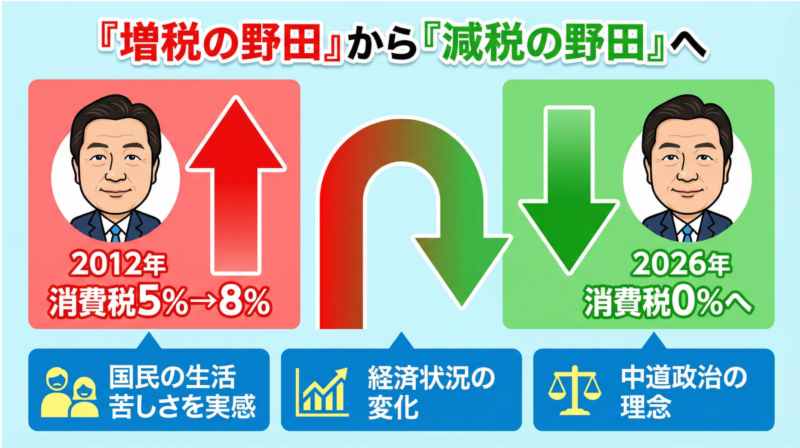 増税の野田から減税の野田への変遷を左右に分けて分かりやすく表現した画像