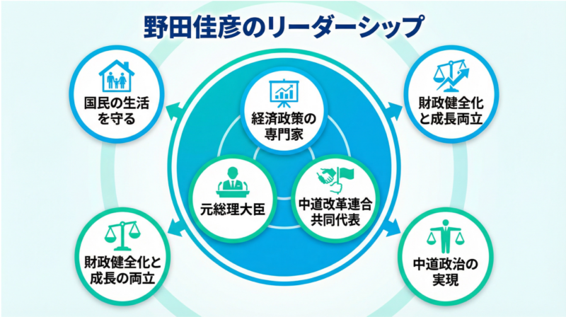 野田佳彦のリーダーシップを７つの輪で表現した画像