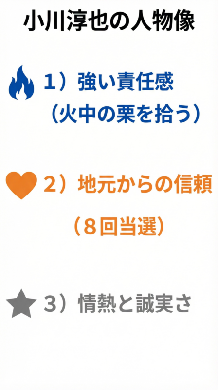 図解：小川淳也の人物像（火中の栗を拾う男）