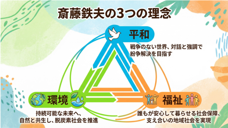 「平和」「福祉」「環境」の3つの理念を三角形で表現。各理念に関連する政策も日本語で記載。