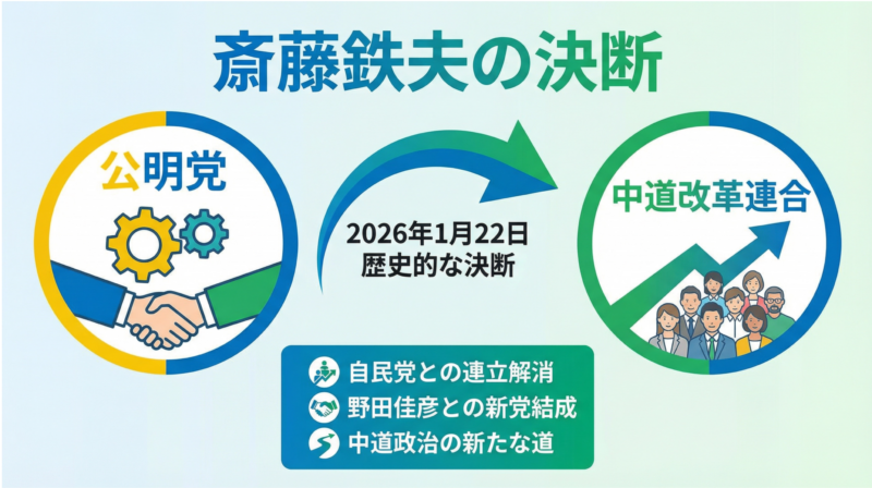 公明党から中道改革連合への移行を示す図解。2026年1月22日の決断、公明党との関係の変化、自民党との連立政権への影響を表示。