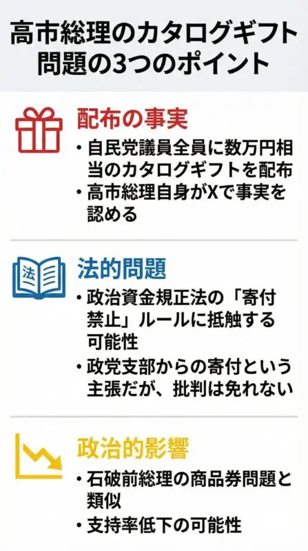 配布の事実、法的問題、政治的影響の3つのポイントを図解