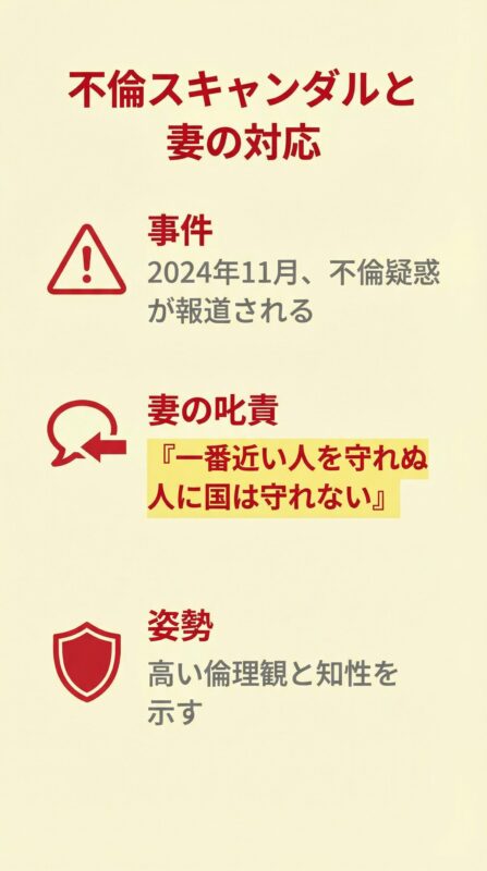 不倫スキャンダルと妻の対応:事件、妻の叱責、姿勢
