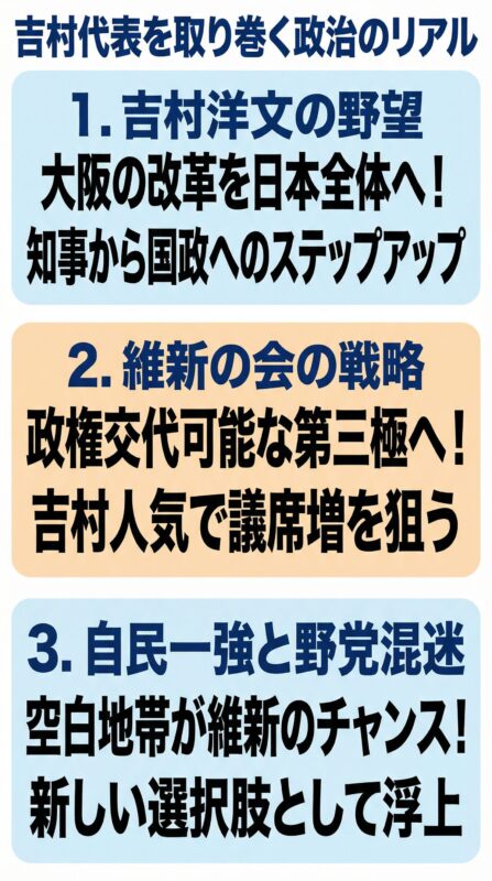 吉村代表を取り巻く政治状況を示した図解。吉村洋文の野望、維新の会の戦略、自民一強と野党混迷の3要素を解説
