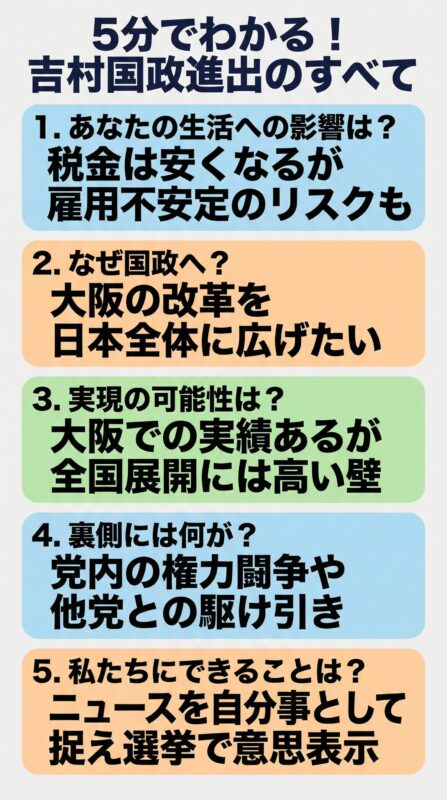 記事全体の要点をまとめた振り返り図解。5つのポイントで吉村国政進出を総括