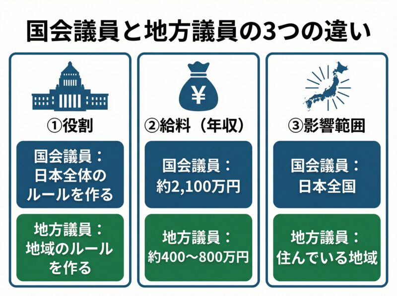 国会議員と地方議員の役割・給料・影響範囲の比較図解)