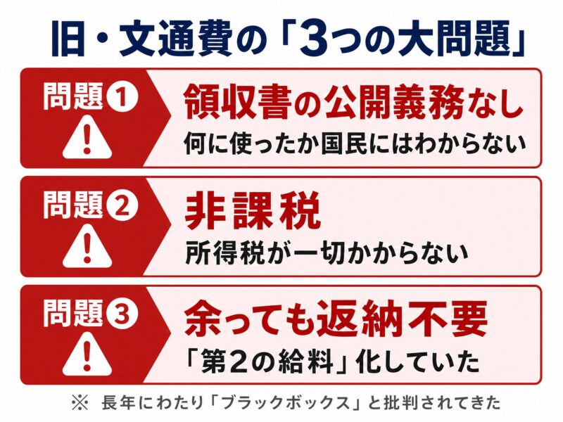 領収書不要・非課税・返納不要という旧・文通費の3つの問題点を示す図解