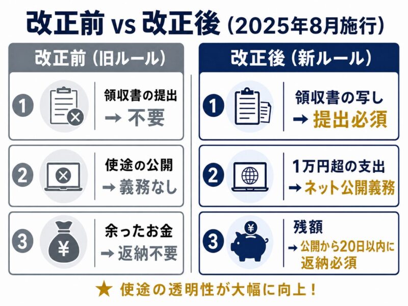 2025年改正による使途公開・領収書提出・残額返納の義務化を示す新旧ルール比較図解