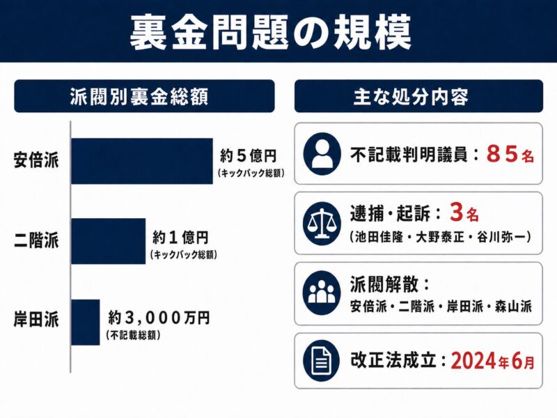 安倍派(約5億円)と二階派(約1億円)のキックバック総額と、起訴された主な議員を示すデータ図解