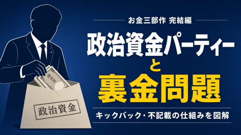 政治資金パーティーの仕組みと裏金問題の全体像を図解したインフォグラフィック