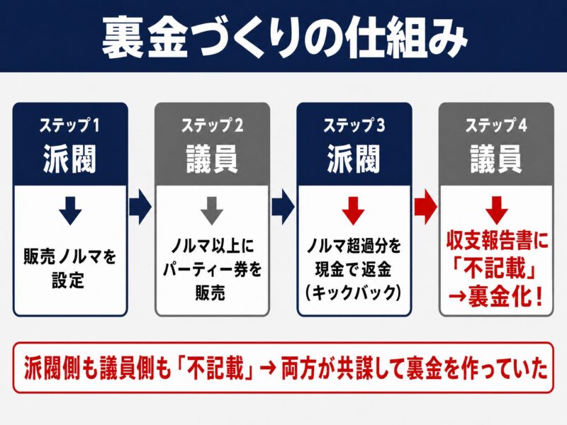 パーティー券の販売ノルマ超過分が議員にキックバックされ、収支報告書に不記載となる裏金づくりの流れを示す図解