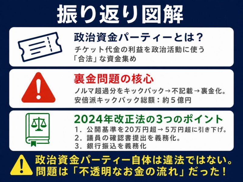 政治資金パーティーの定義、裏金問題の核心、2024年法改正のポイントをまとめた振り返り図解