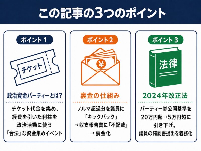 政治資金パーティーの本来の目的と、裏金化の仕組みを示す要約図解