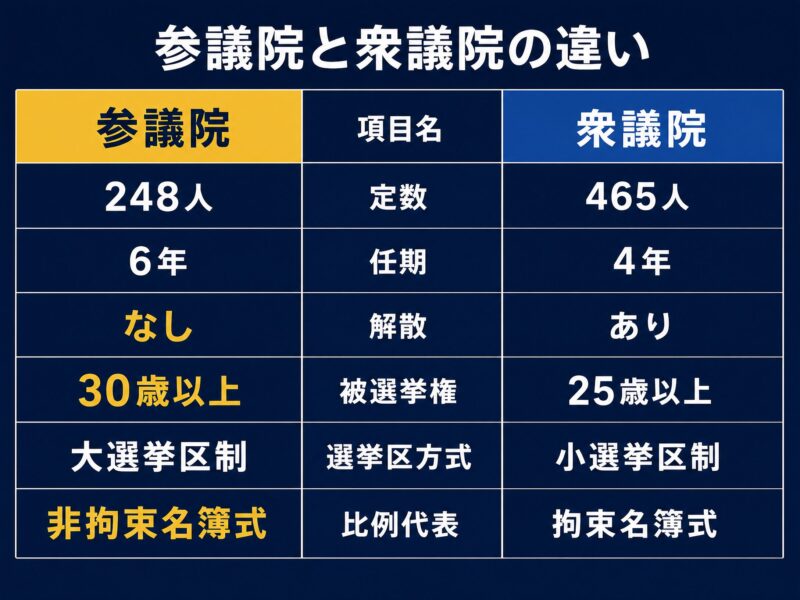 衆参比較図解：参議院と衆議院の違い