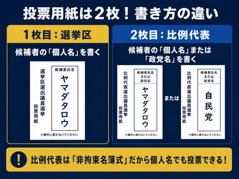 投票用紙図解：選挙区と比例代表の書き方