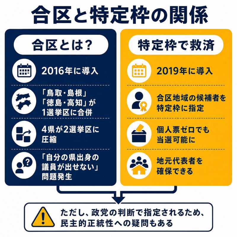 合区による代表者不在と特定枠による救済を図解