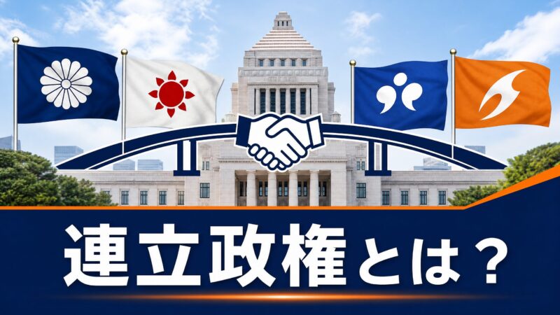 連立政権とは？国会議事堂と複数の政党旗・握手のイラストで連立政権を図解