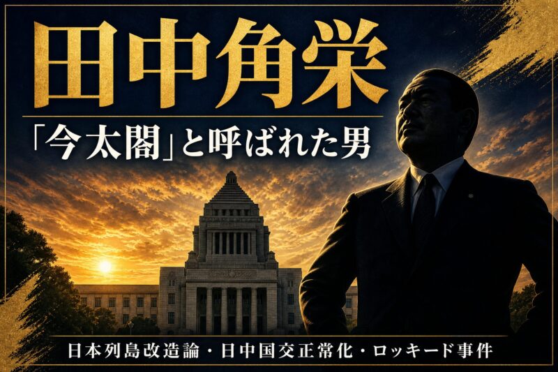 田中角栄のシルエットと国会議事堂を背景にしたアイキャッチ画像