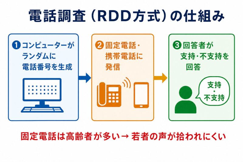 電話調査(RDD方式)の仕組みと回答者の偏り 図解