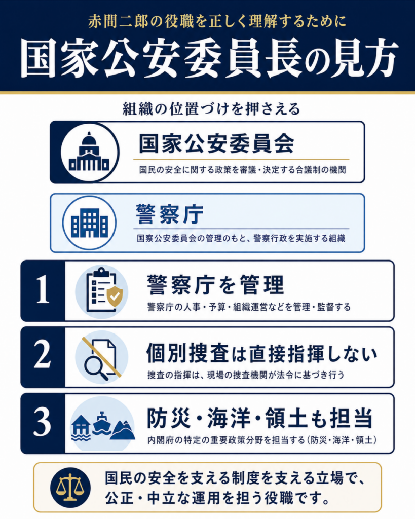 赤間二郎と国家公安委員長の役割を振り返る図解