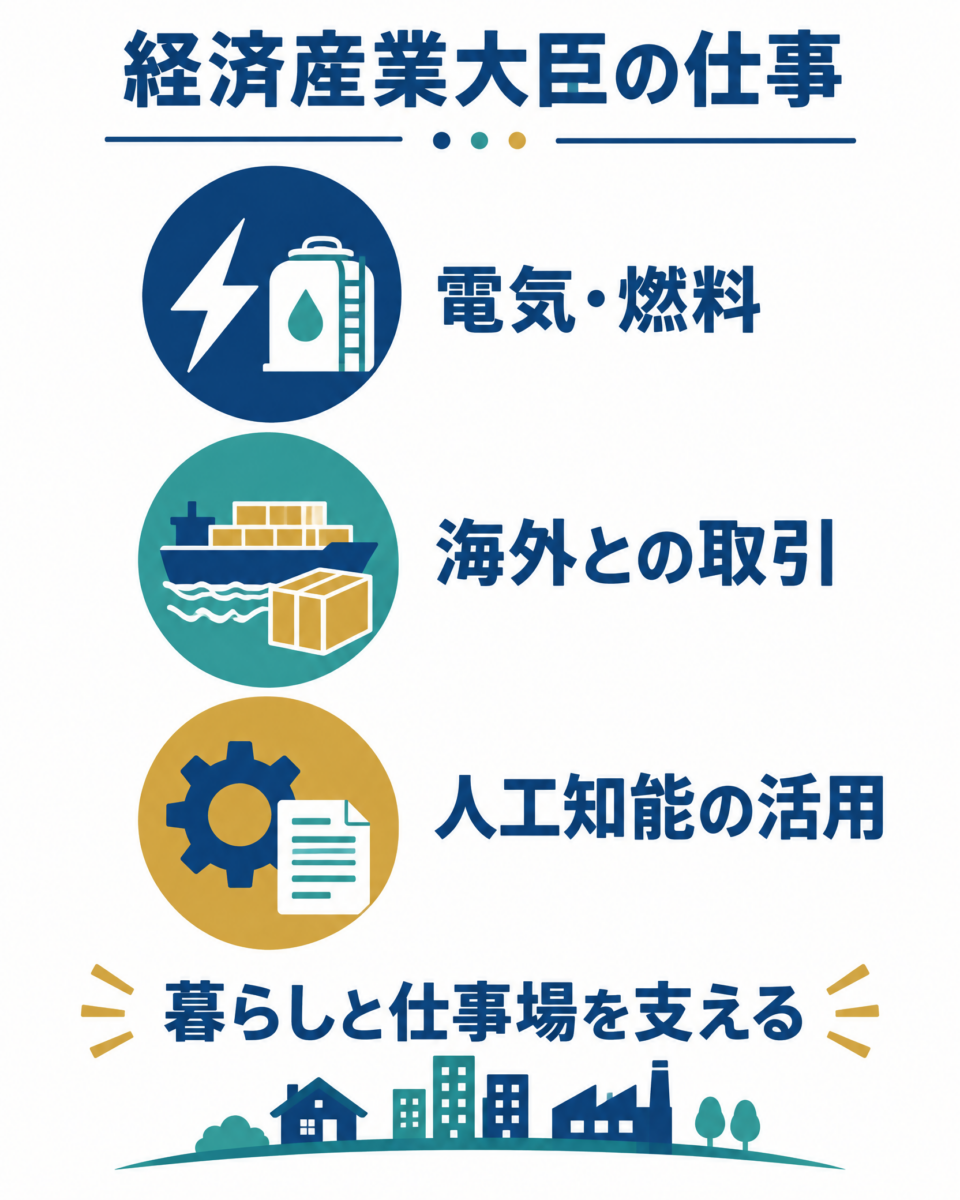 経済産業大臣が担う電気と燃料、海外との取引、人工知能の活用の図解