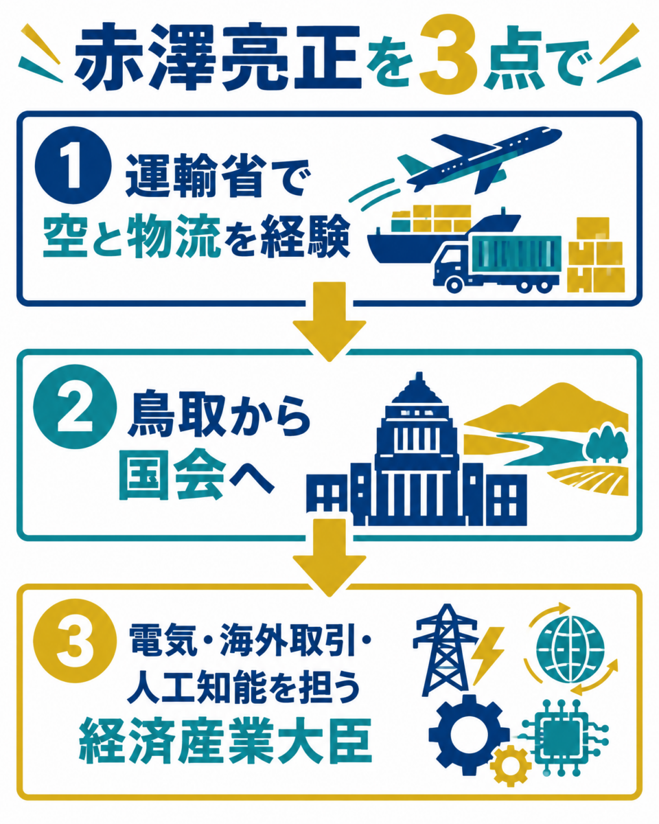 赤澤亮正の経歴と経済産業大臣留任を3点で示す図解