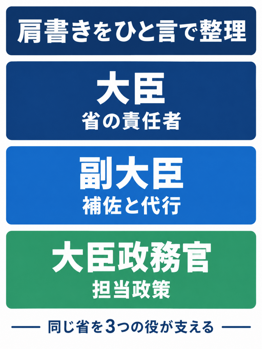 大臣、副大臣、大臣政務官の役割を三つの短い言葉で示す振り返り図解