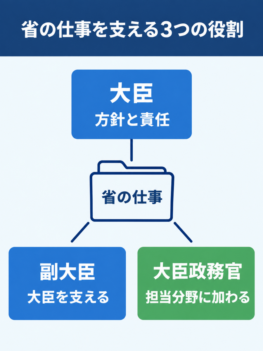 省の仕事を大臣、副大臣、大臣政務官の三つの役割に分けて示す図解