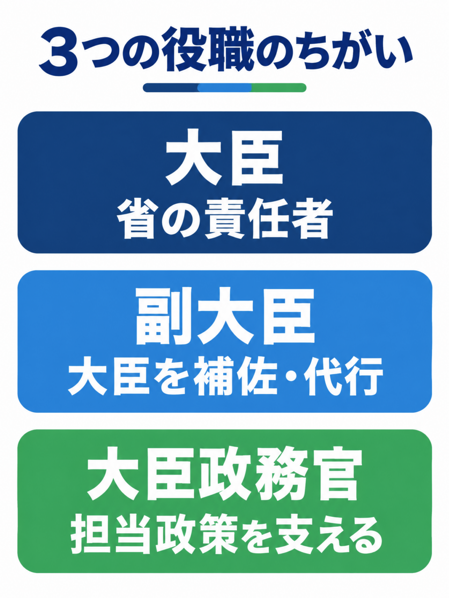 大臣は省の責任者、副大臣は大臣を補佐・代行、大臣政務官は担当政策を支えると示す要約図解