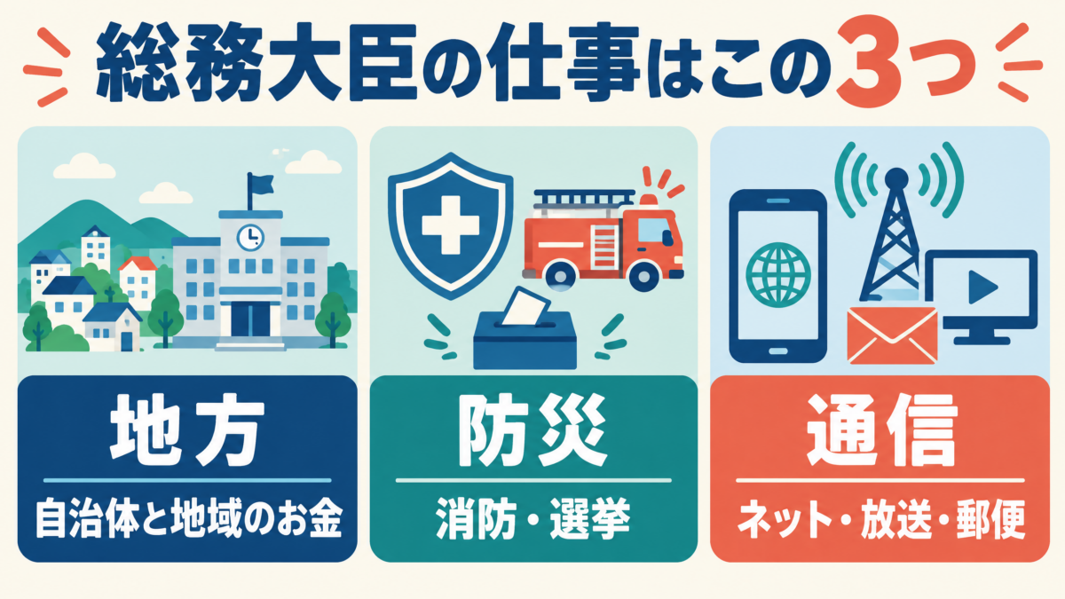 地方・防災・通信に分けた総務大臣の仕事図解