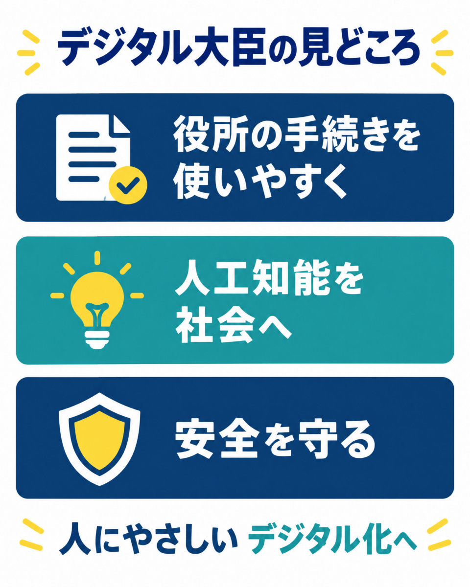 手続きの使いやすさ、人工知能、安全を守る仕事を示すデジタル大臣の振り返り図解