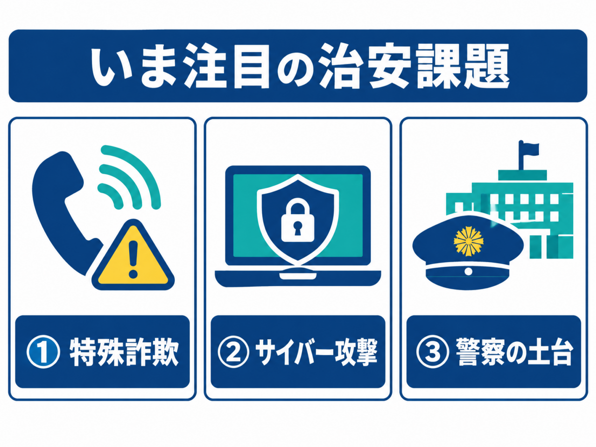 特殊詐欺、サイバー攻撃、警察を支える仕組みを示した治安対策図解