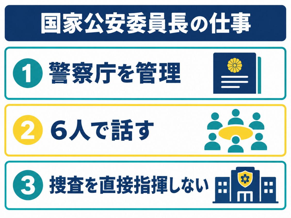 警察庁の管理、合議制、個別捜査を直接指揮しない仕組みを示した国家公安委員長の仕事図解