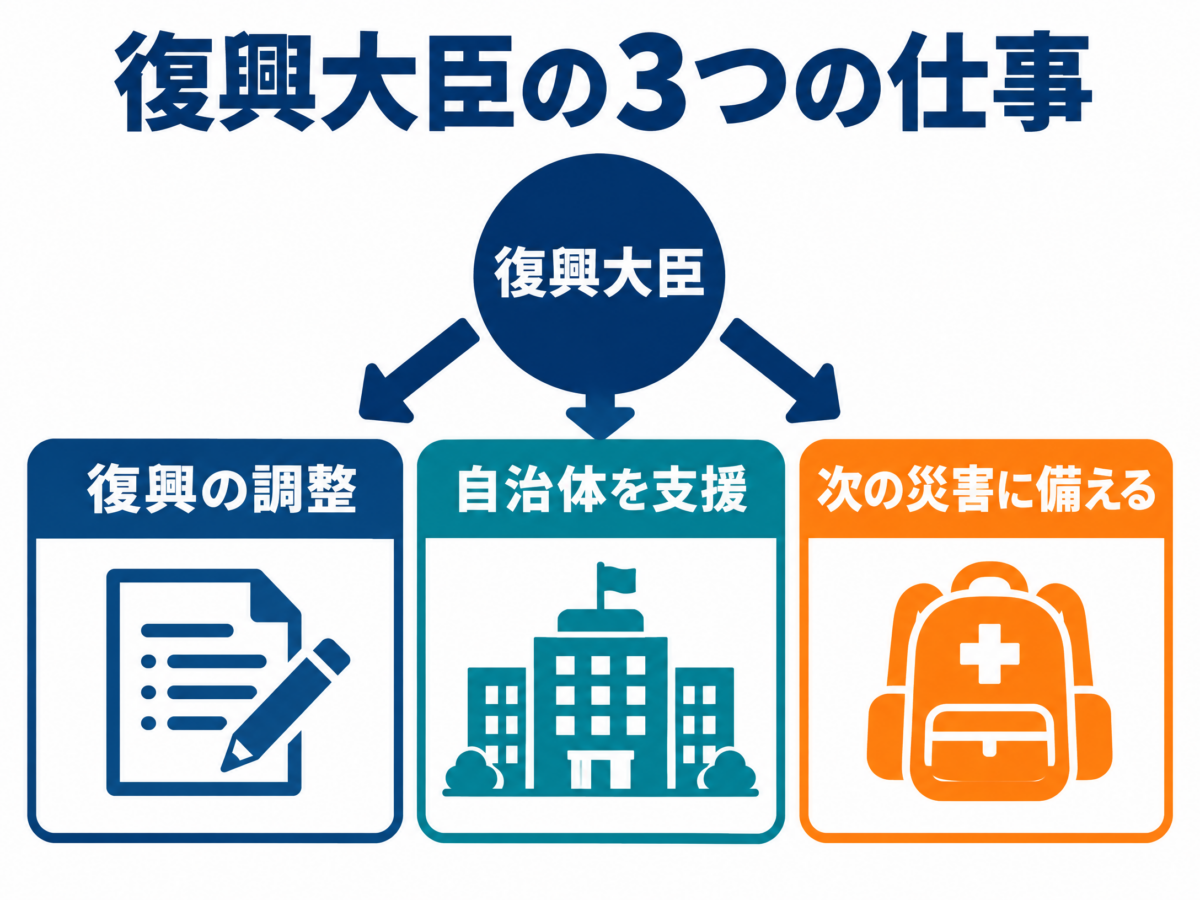 復興の調整、自治体支援、防災の備えに分けた復興大臣の仕事図解