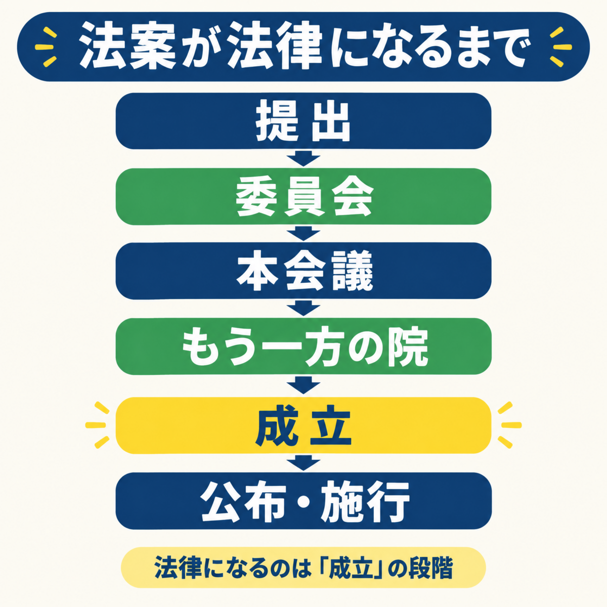 提出、委員会、本会議、両院可決、成立、公布、施行の流れを示す図解