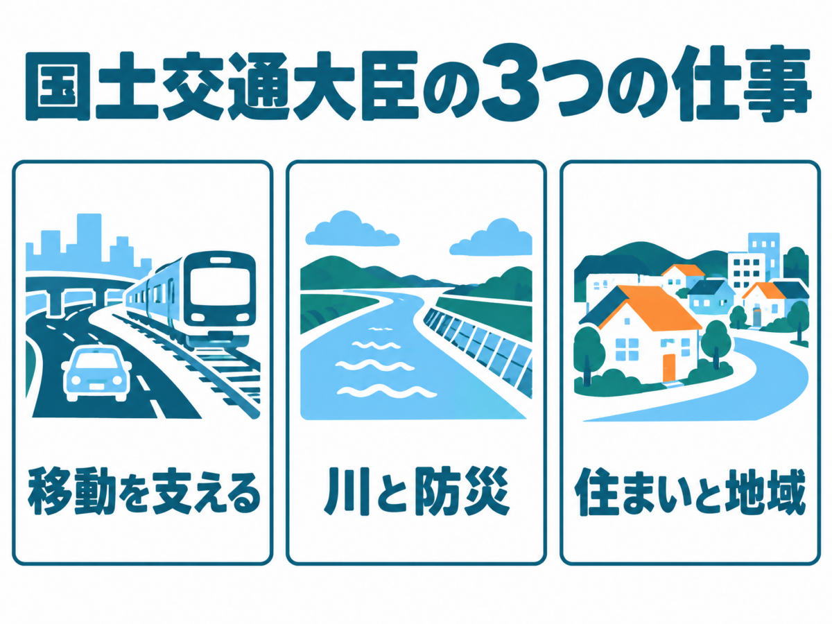 移動、川と防災、住まいと地域に分けた国土交通大臣の仕事図解