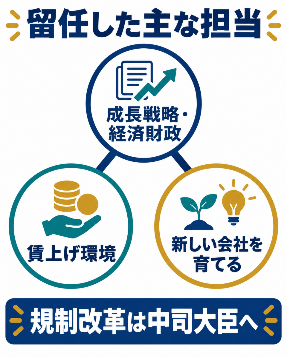 成長戦略と経済財政、賃上げ環境、新しい会社を育てる政策、規制改革の引継ぎを示す図解