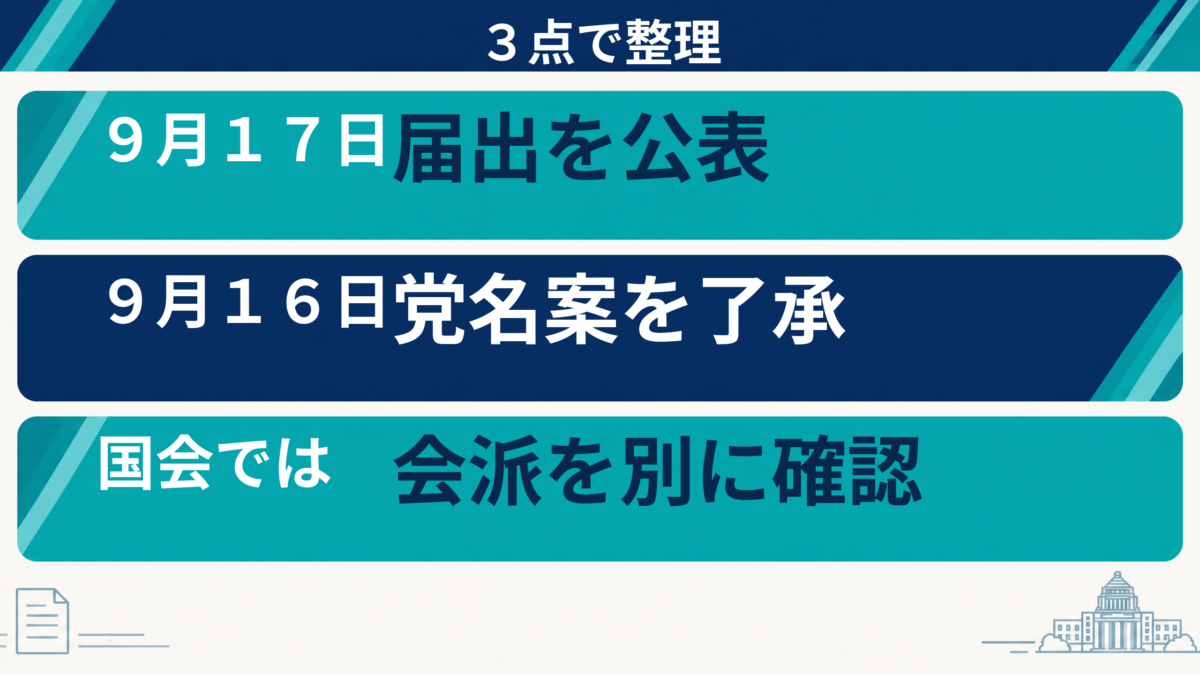 民主改革の会について届出公表、党名案の了承、会派確認の3点を示す要約図解