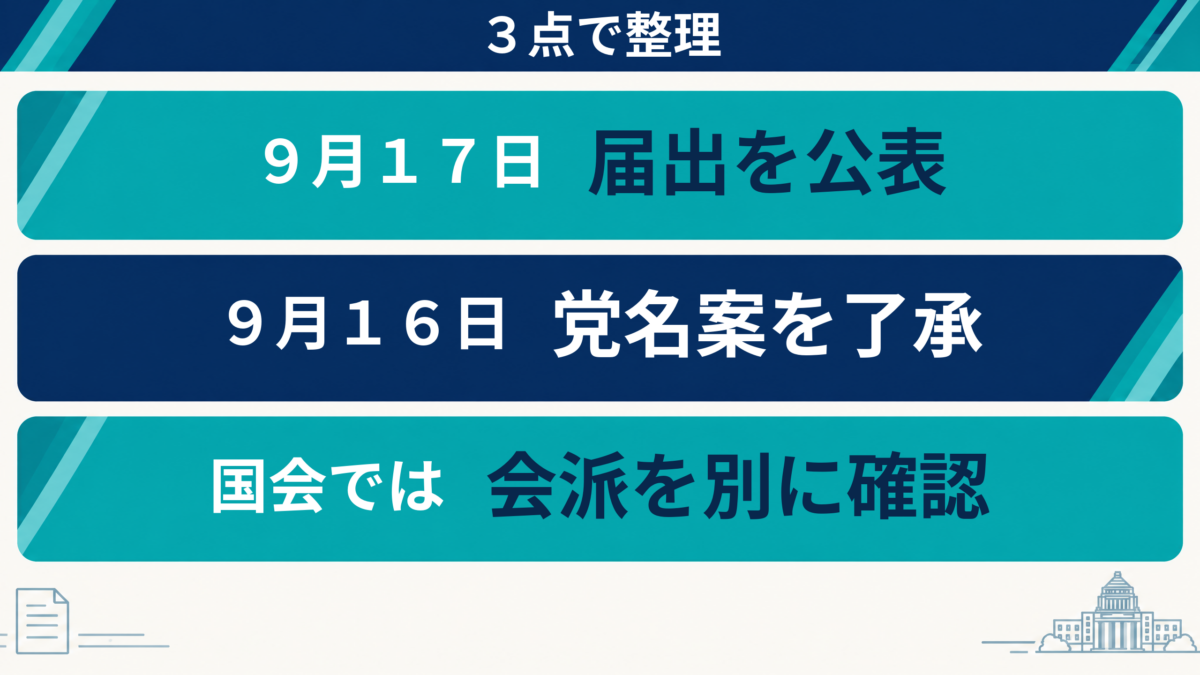 民主改革の会について届出公表、党名案の了承、会派確認の3点を示す要約図解