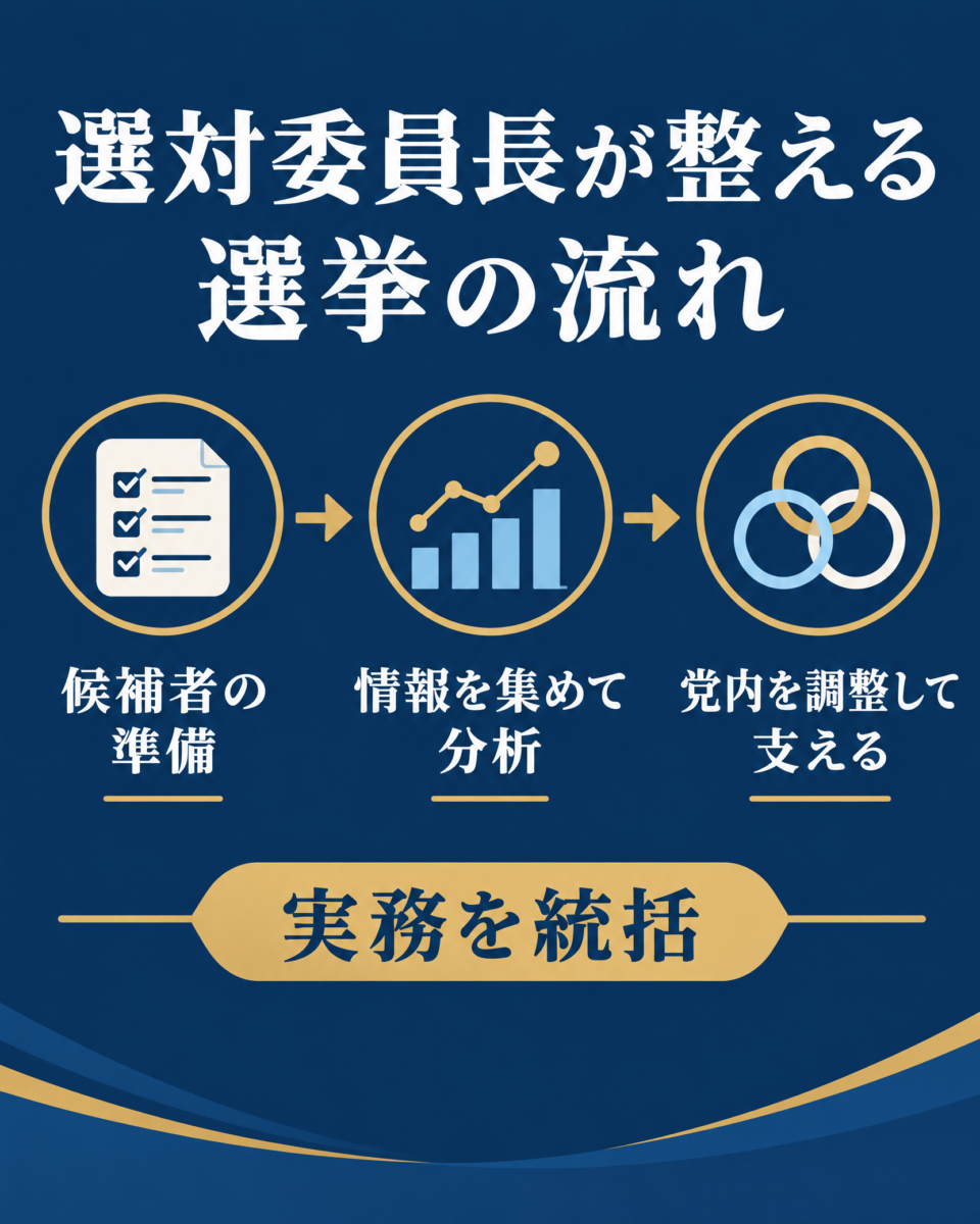 西村康稔氏の経歴と選挙対策委員長の実務を示す図解