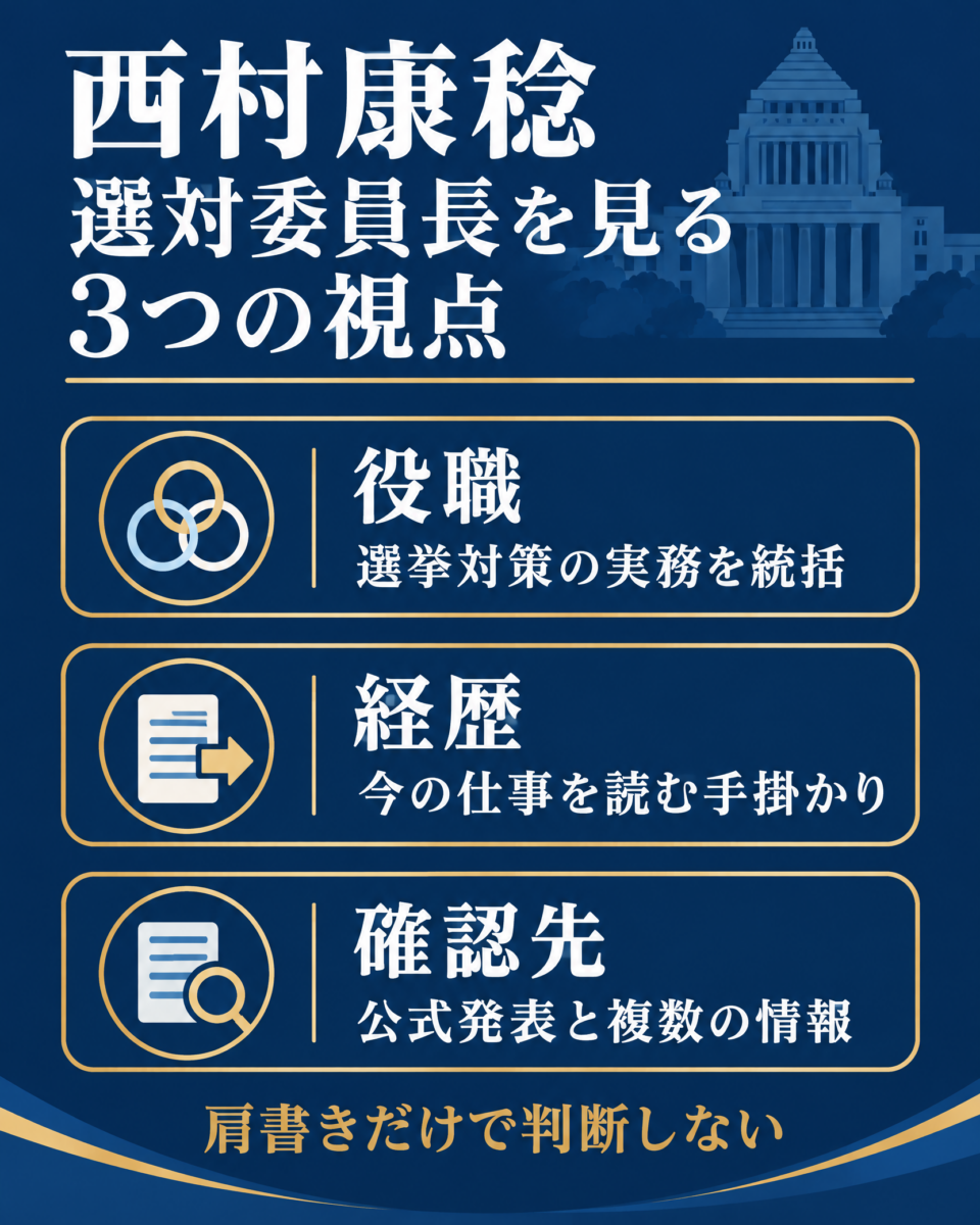 西村康稔選対委員長を見る3つの視点の図解