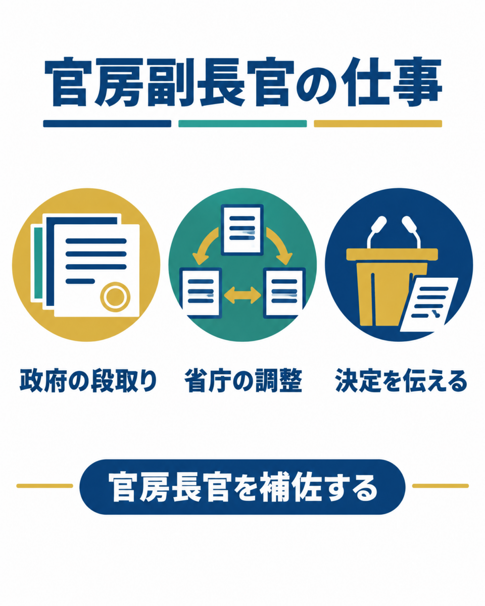 官房副長官が担う政府の段取り、省庁の調整、決定の説明を示す図解