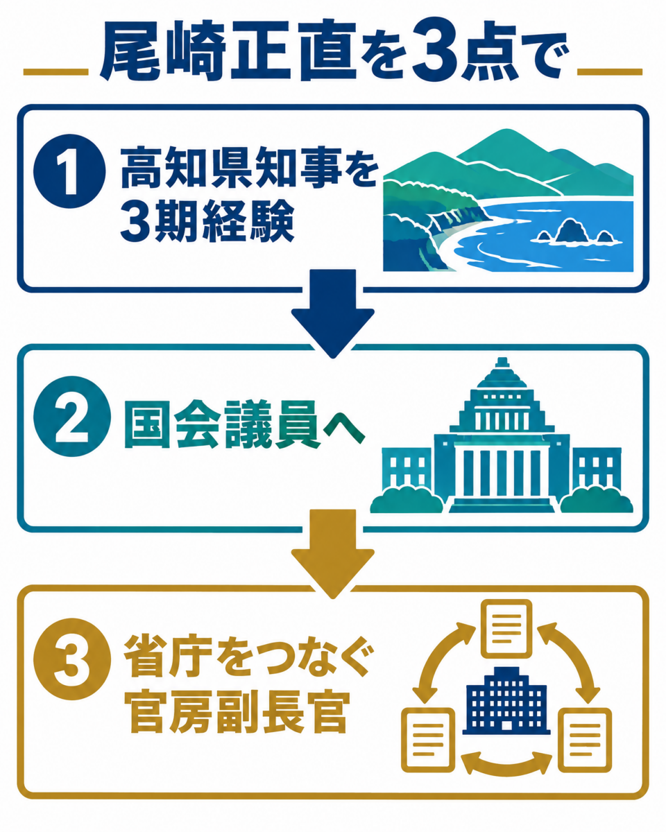 尾﨑正直の高知県知事、国会議員、内閣官房副長官という経歴を示す図解