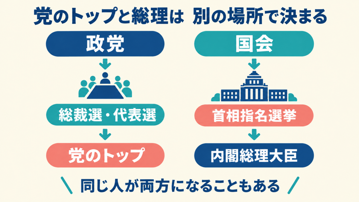 党内の総裁選・代表選と国会の首相指名選挙を分けて示す図解