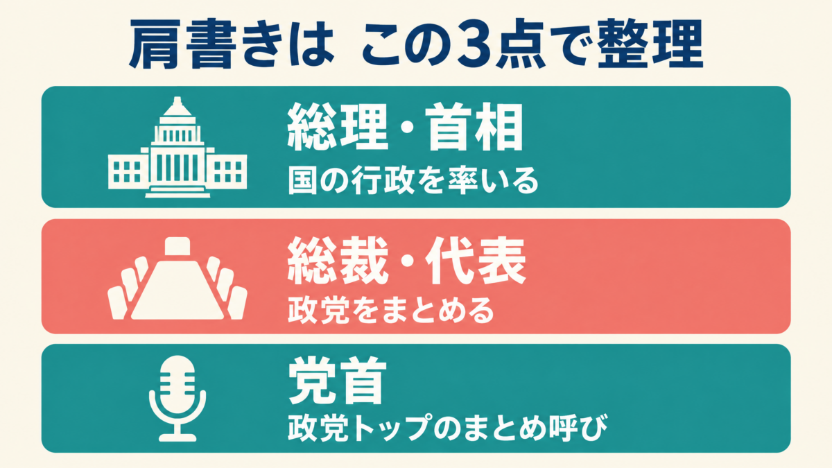 総理と首相、総裁と代表、党首の関係を示す振り返り図解